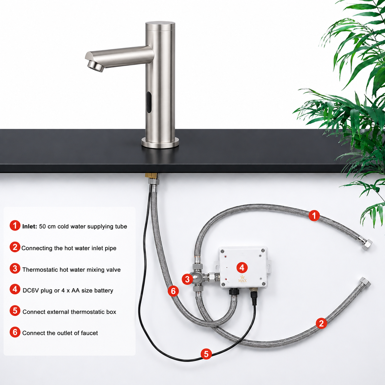 Brushed nickel touchless bathroom faucet installation kit with thermostatic valve and supply hoses
