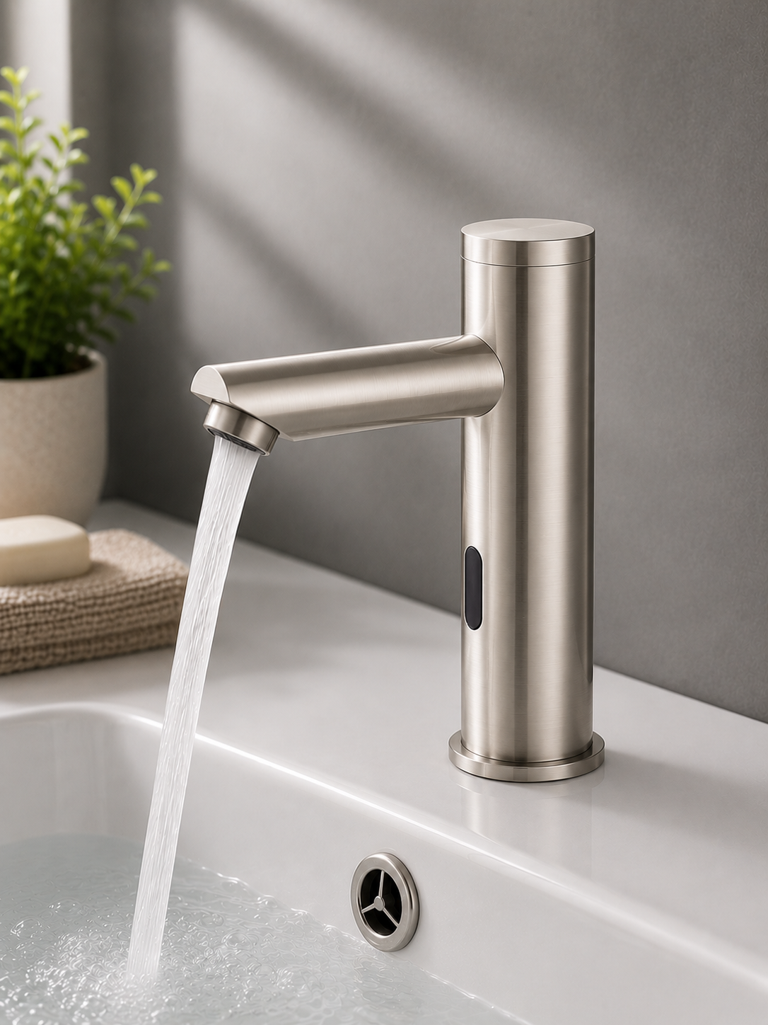 Side profile of brushed nickel touchless bathroom faucet with motion sensor technology