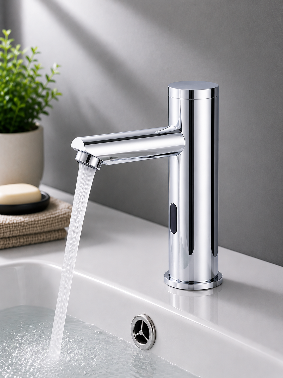 Side profile of chrome touchless bathroom faucet with motion sensor technology