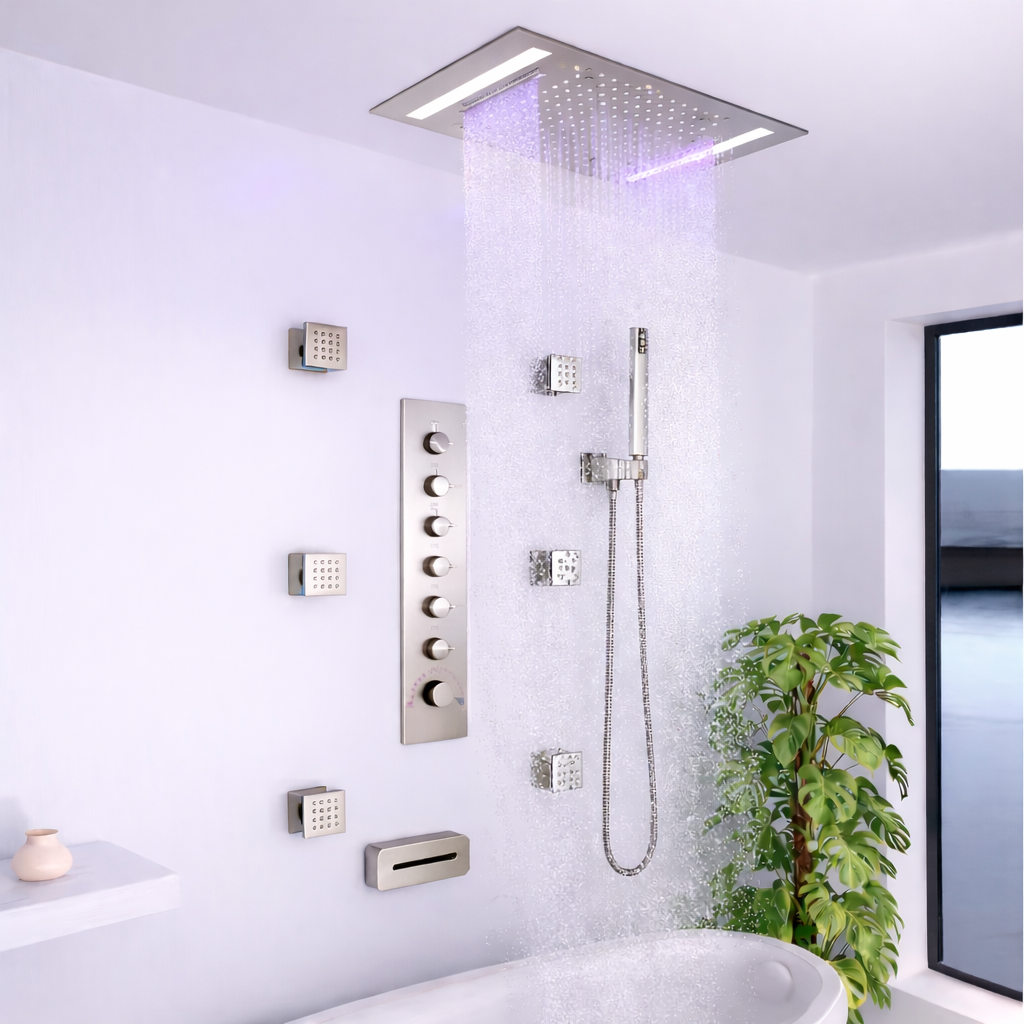 Brushed nickel shower system with rainfall waterfall mist body jets handheld shower and water spout operating simultaneously