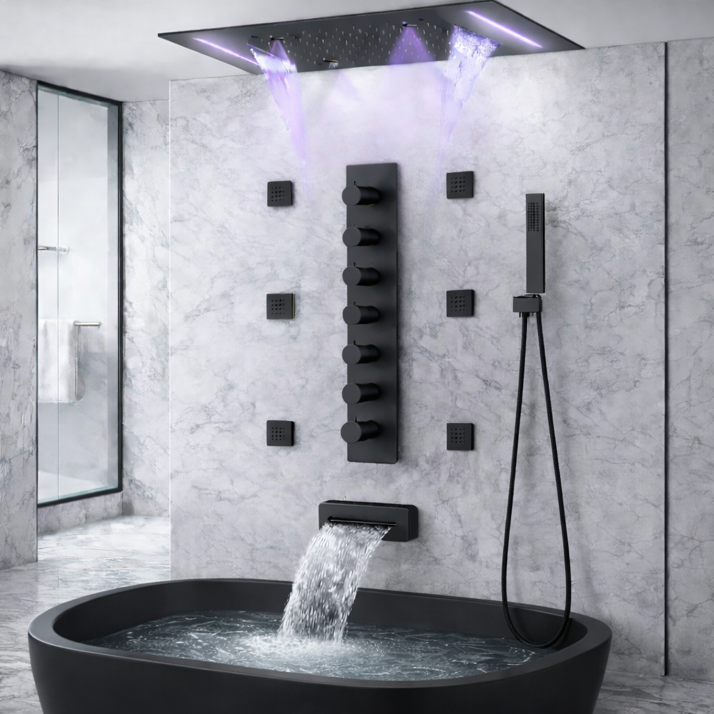 Matte black shower system with rainfall waterfall mist body jets handheld shower and water spout operating simultaneously