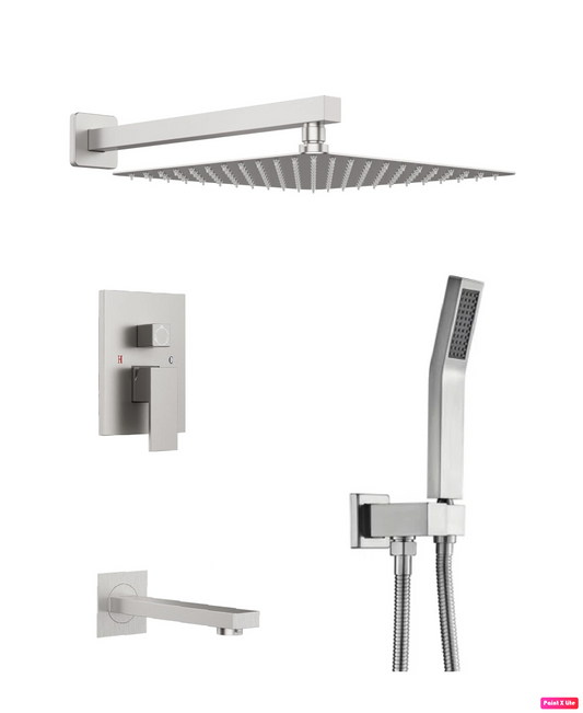 Tub Shower System Three Functions With Pressure-balance Valve Brushed Nickel Finish Square Design