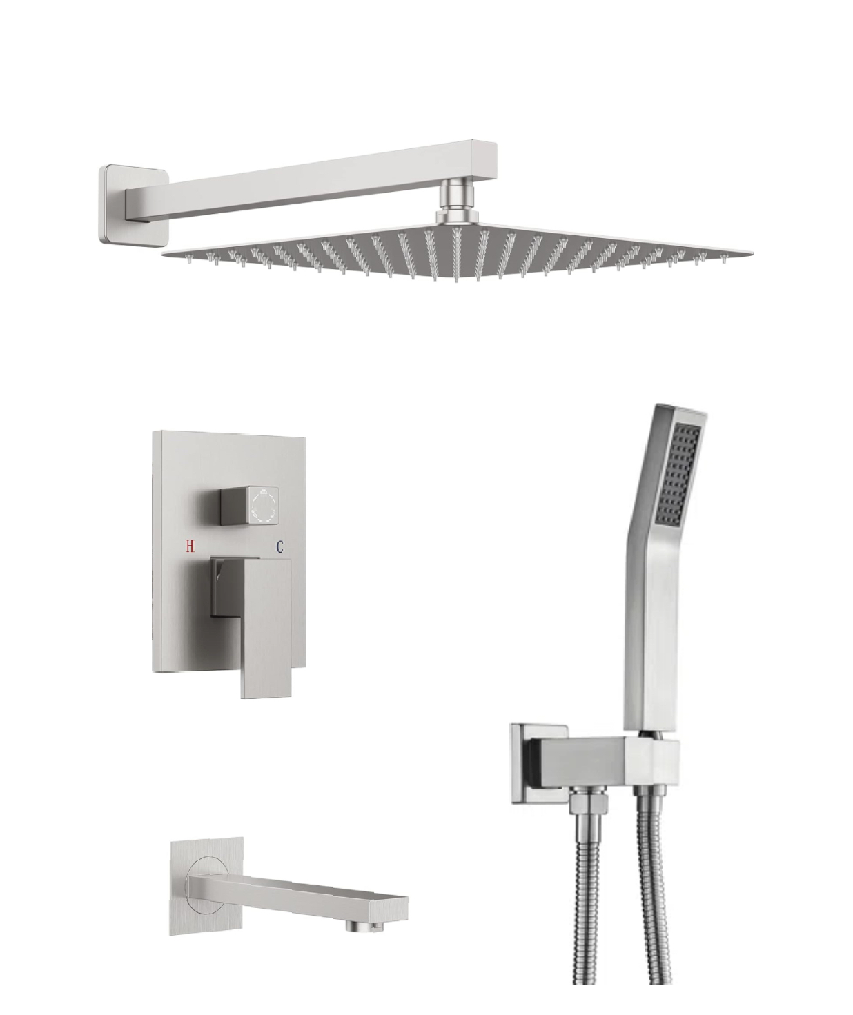 Tub Shower System Three Functions With Pressure-balance Valve Brushed Nickel Finish Square Design