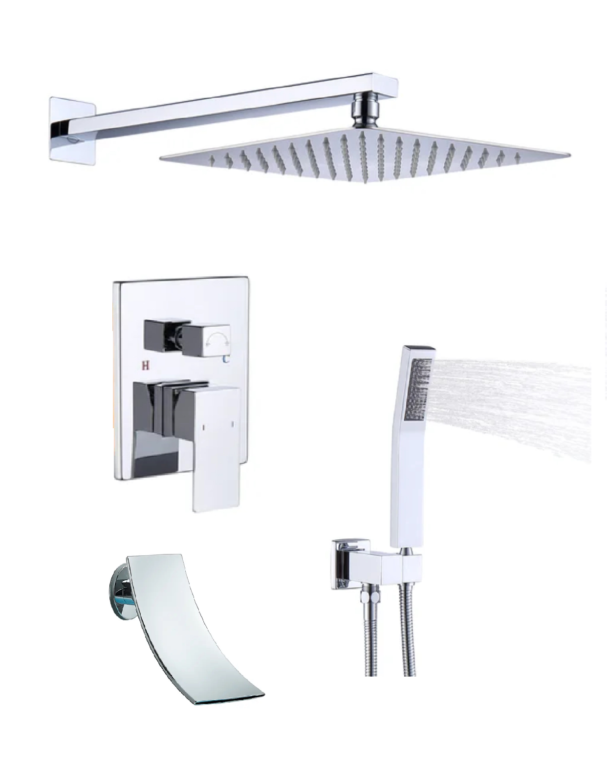 Waterfall Spout Shower System Set – Three Functions with Pressure Balance Valve | Chrome Finish
