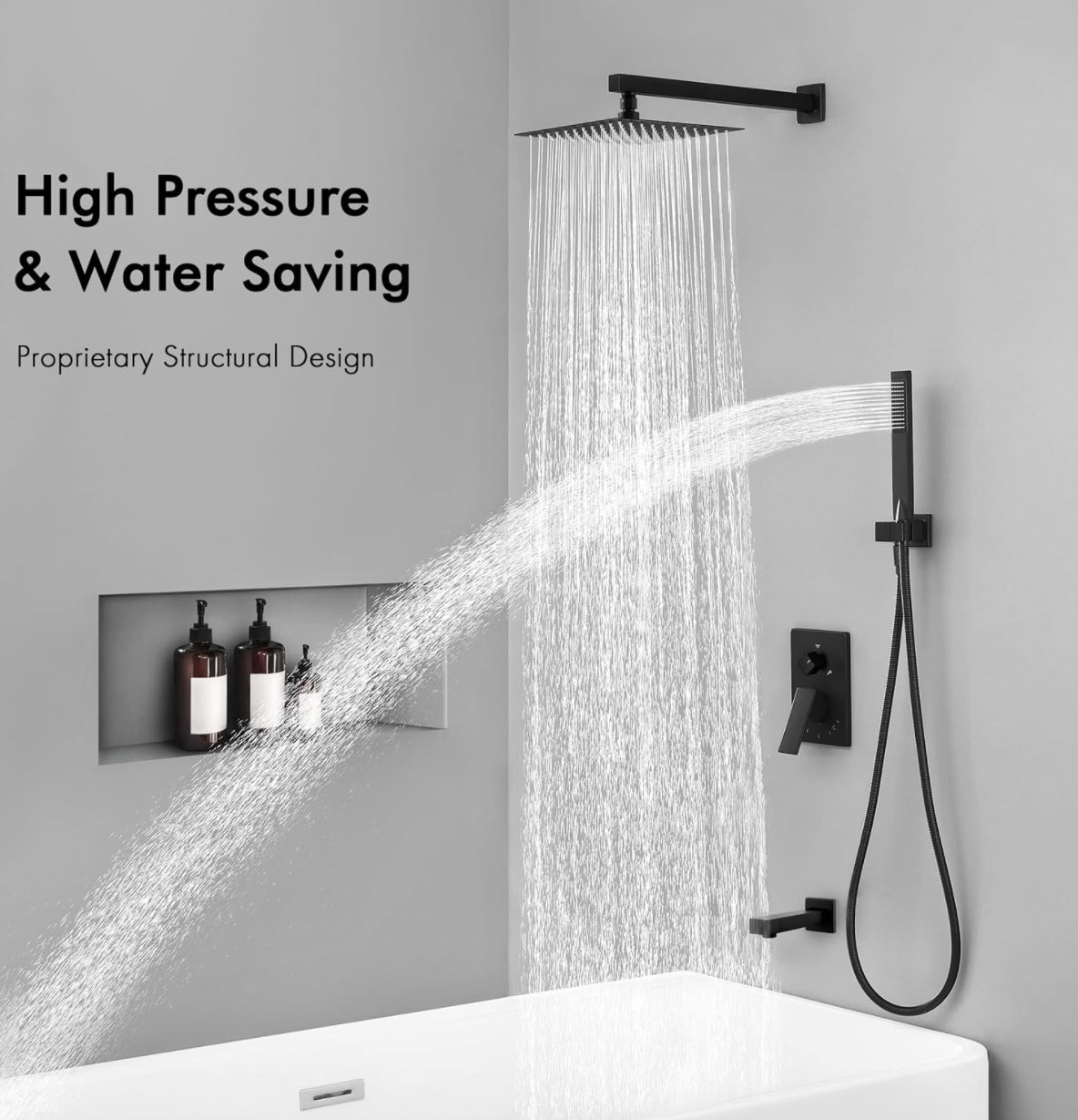 Tub Shower System Three Functions With Pressure-Balance Valve Matte Black Finish Square Design