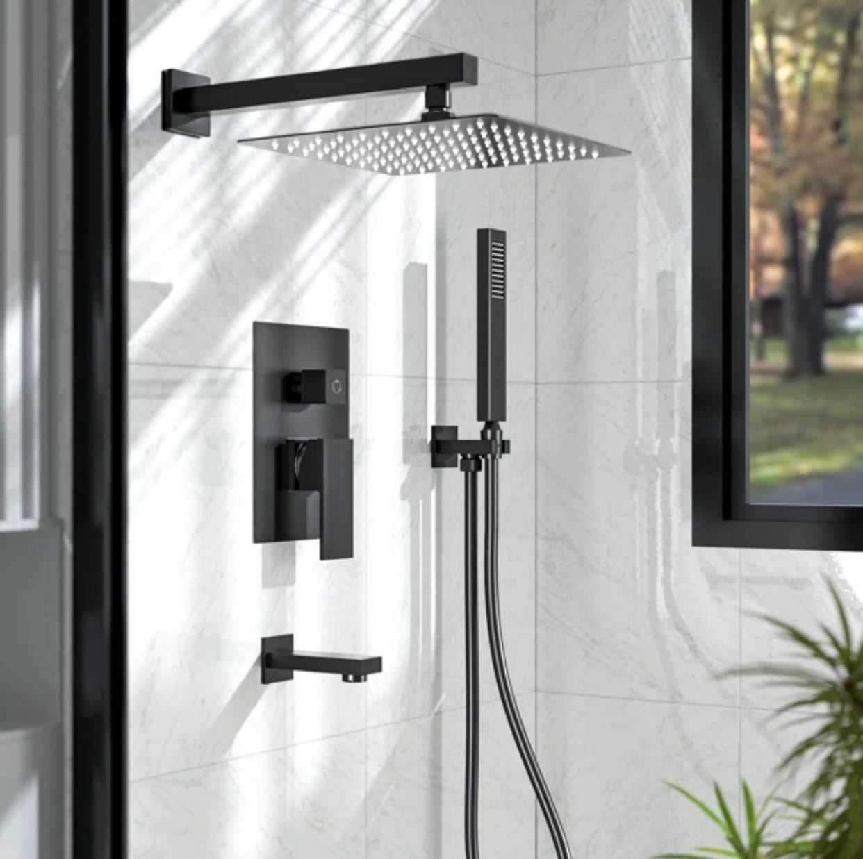 Tub Shower System Three Functions With Pressure-Balance Valve Matte Black Finish Square Design