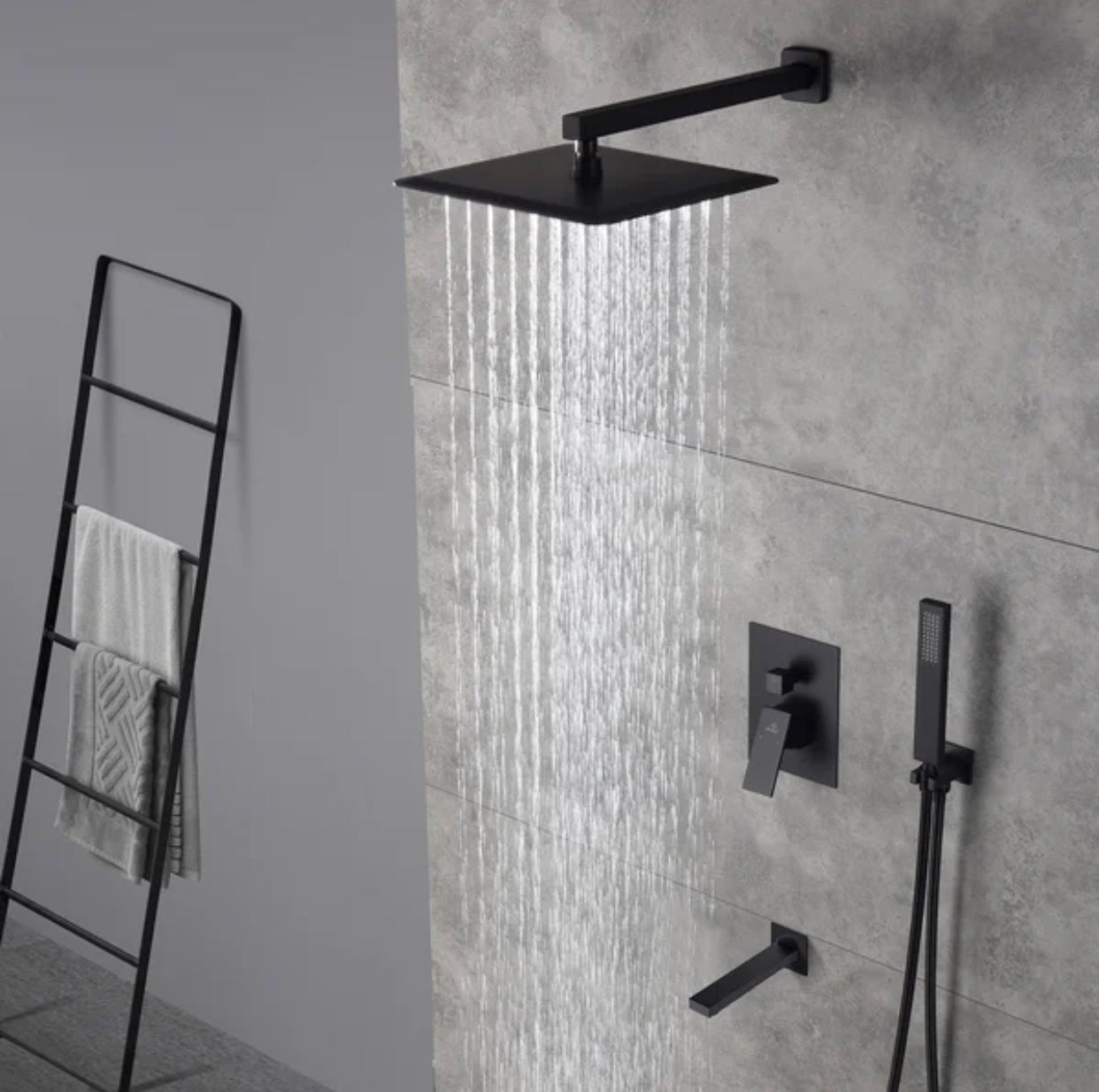 Tub Shower System Three Functions With Pressure-Balance Valve Matte Black Finish Square Design