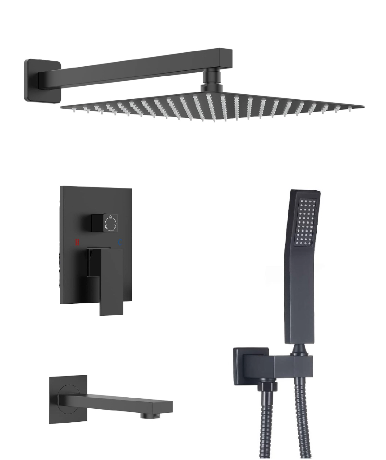 Tub Shower System Three Functions With Pressure-Balance Valve Matte Black Finish Square Design