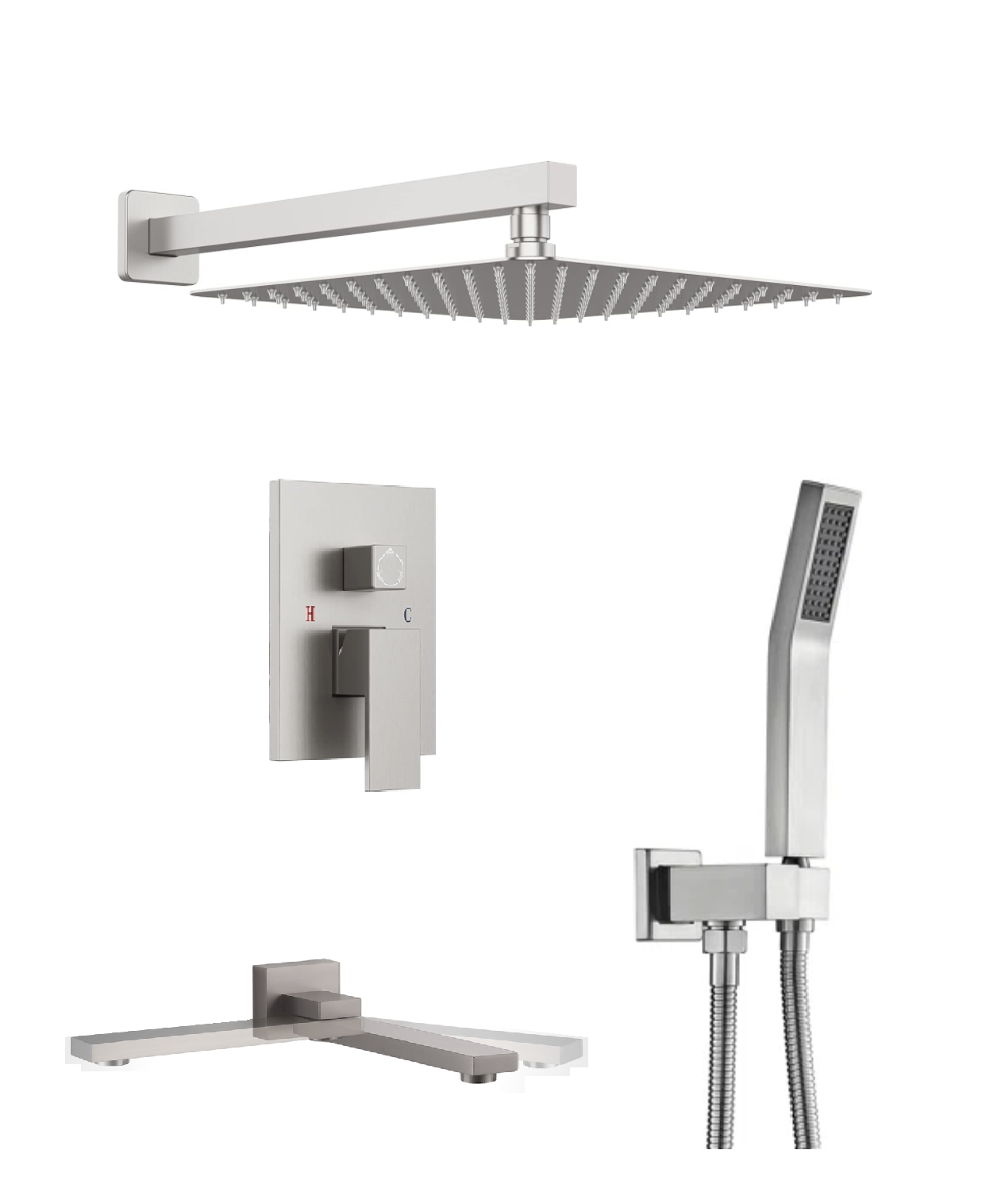 Swirling Spout Tub Shower System Set Three Functions With Pressure-Balance Valve Brushed Nickel Finish