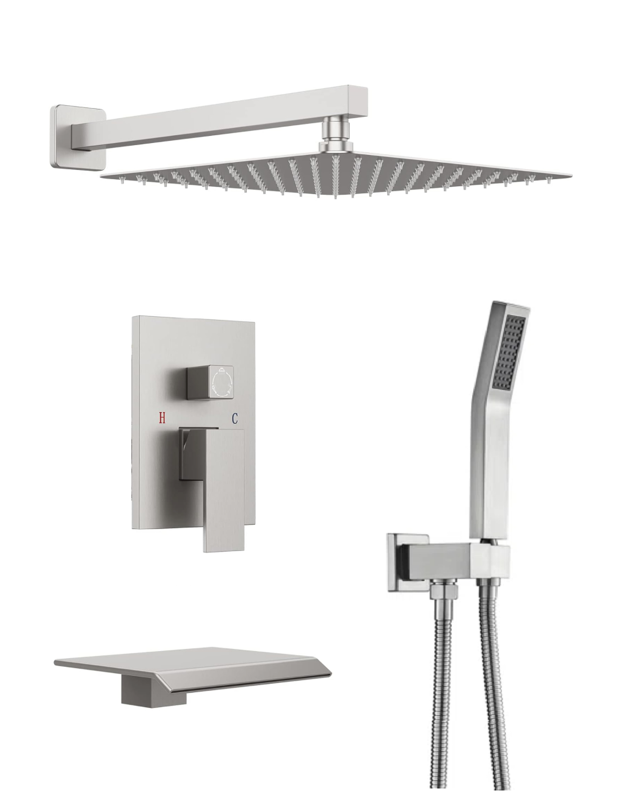 Tub Shower System Set – Three Functions with Waterfall Spout | Brushed Nickel Finish