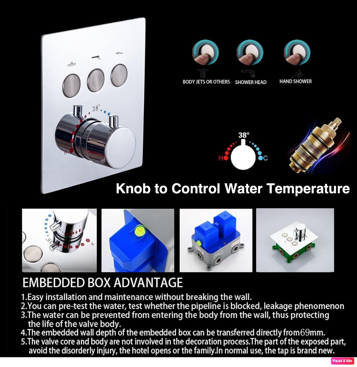 Thermostatic Shower System Set Three Functions With Push Buttons And Pressure Balance Valve Chrome Finish