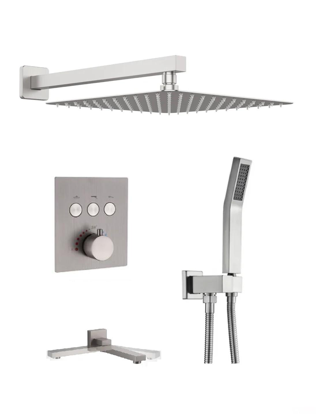 Thermostatic Square Shower System Set Three Functions With Push-buttons Pressure Balance Valve Brushed Nickel Finish
