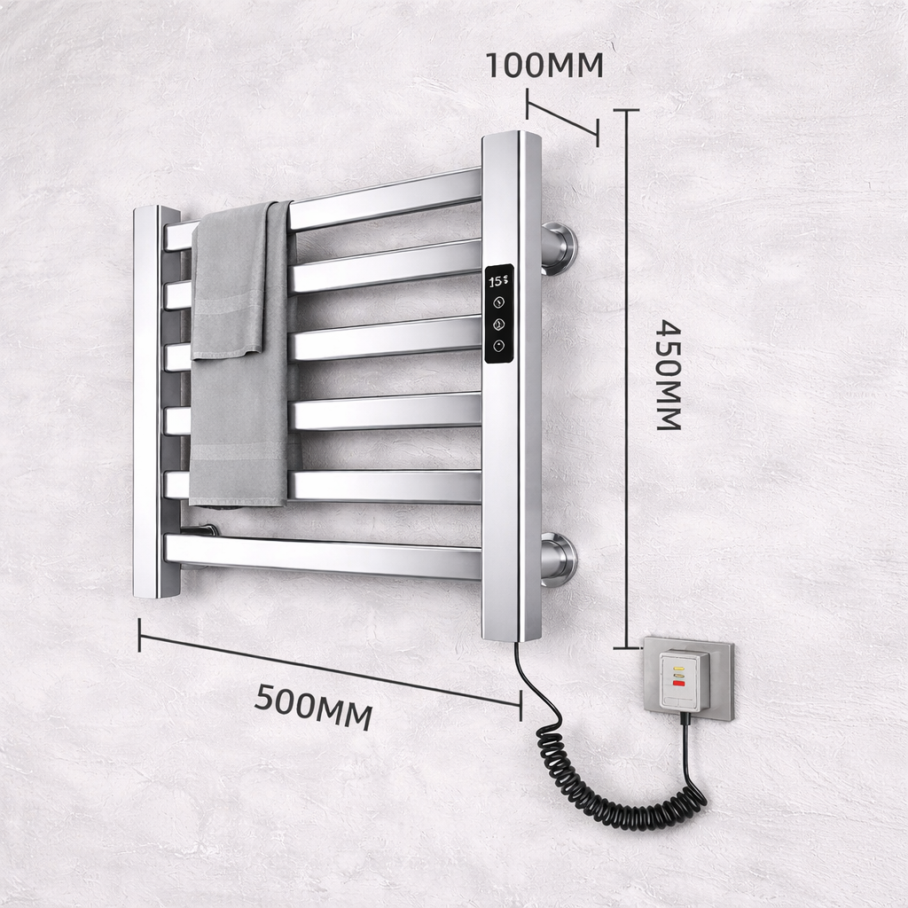 Polished chrome finish detail of electric towel warmer rack with mirror-like reflective surface