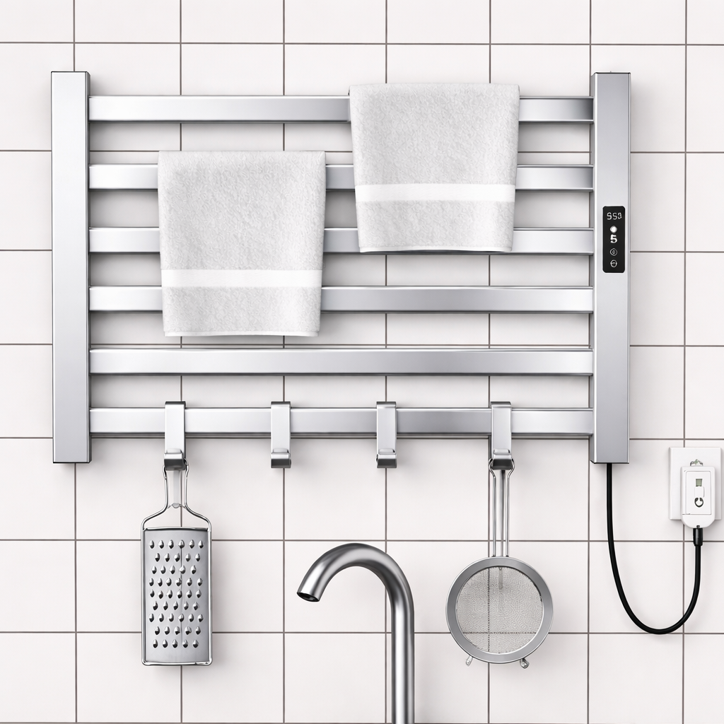 Close-up of digital control panel on polished chrome electric towel warmer rack