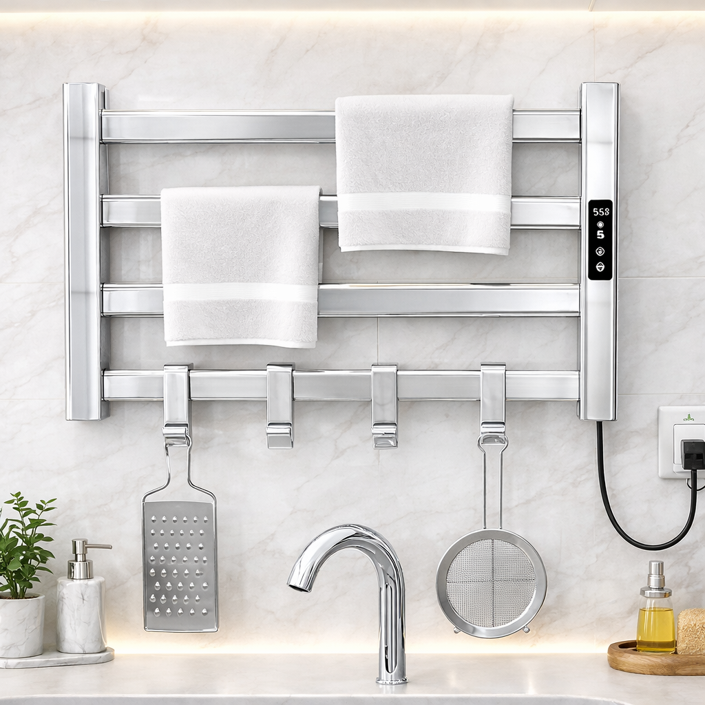 Polished chrome electric towel warmer rack with bottom hooks for towels and accessories