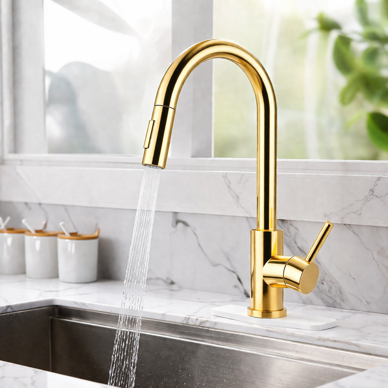 Pull-out kitchen faucet 16 inch high arc polished gold finish