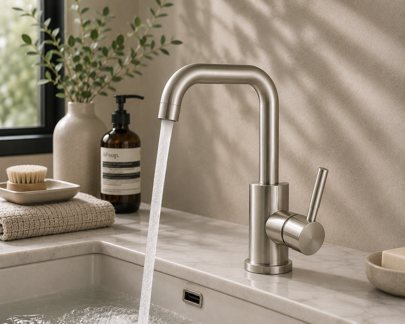 MAX Faucets brushed nickel bathroom faucet delivering smooth water flow into a bathroom sink.