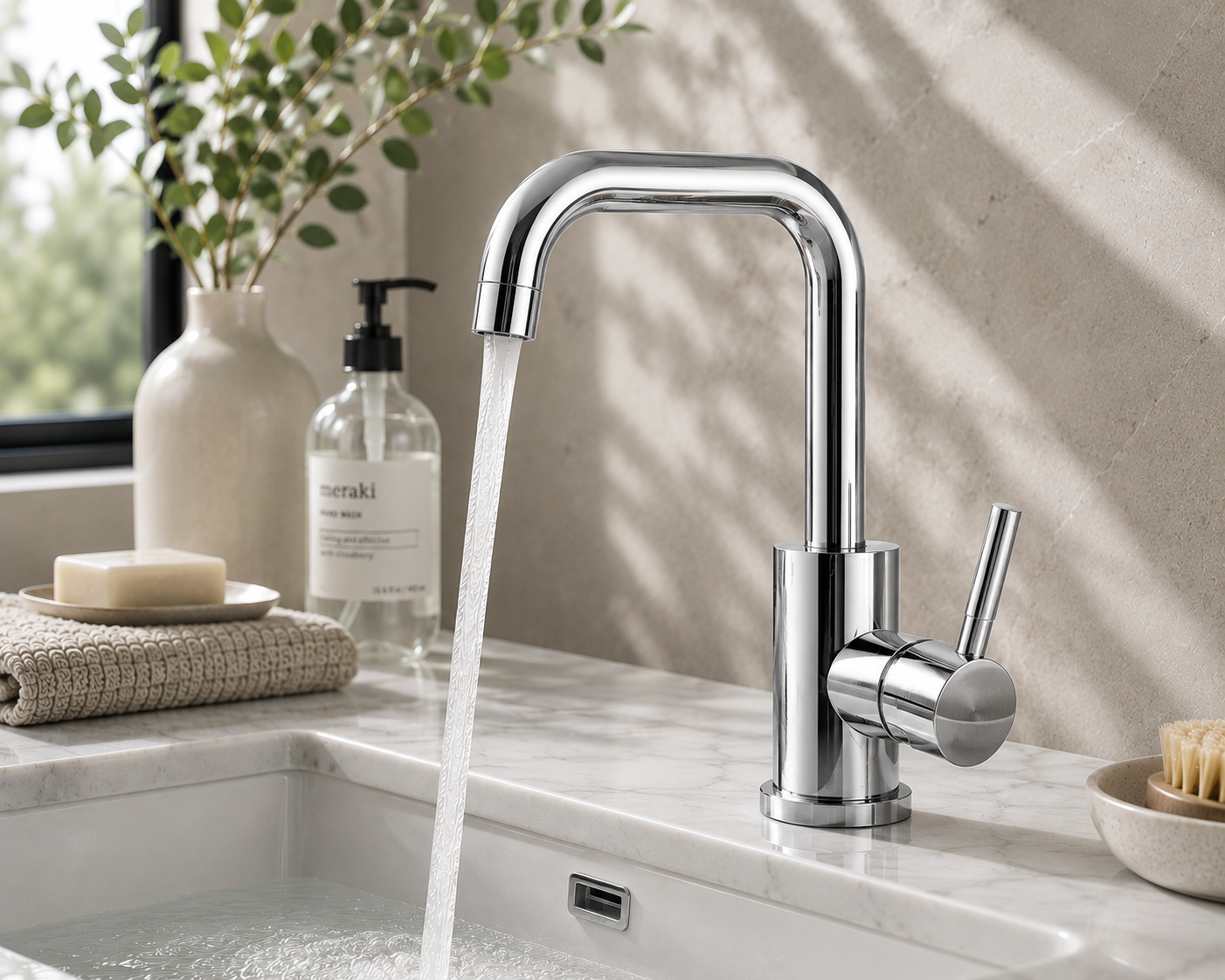 Luxury chrome bathroom faucet installed on a contemporary bathroom vanity.
