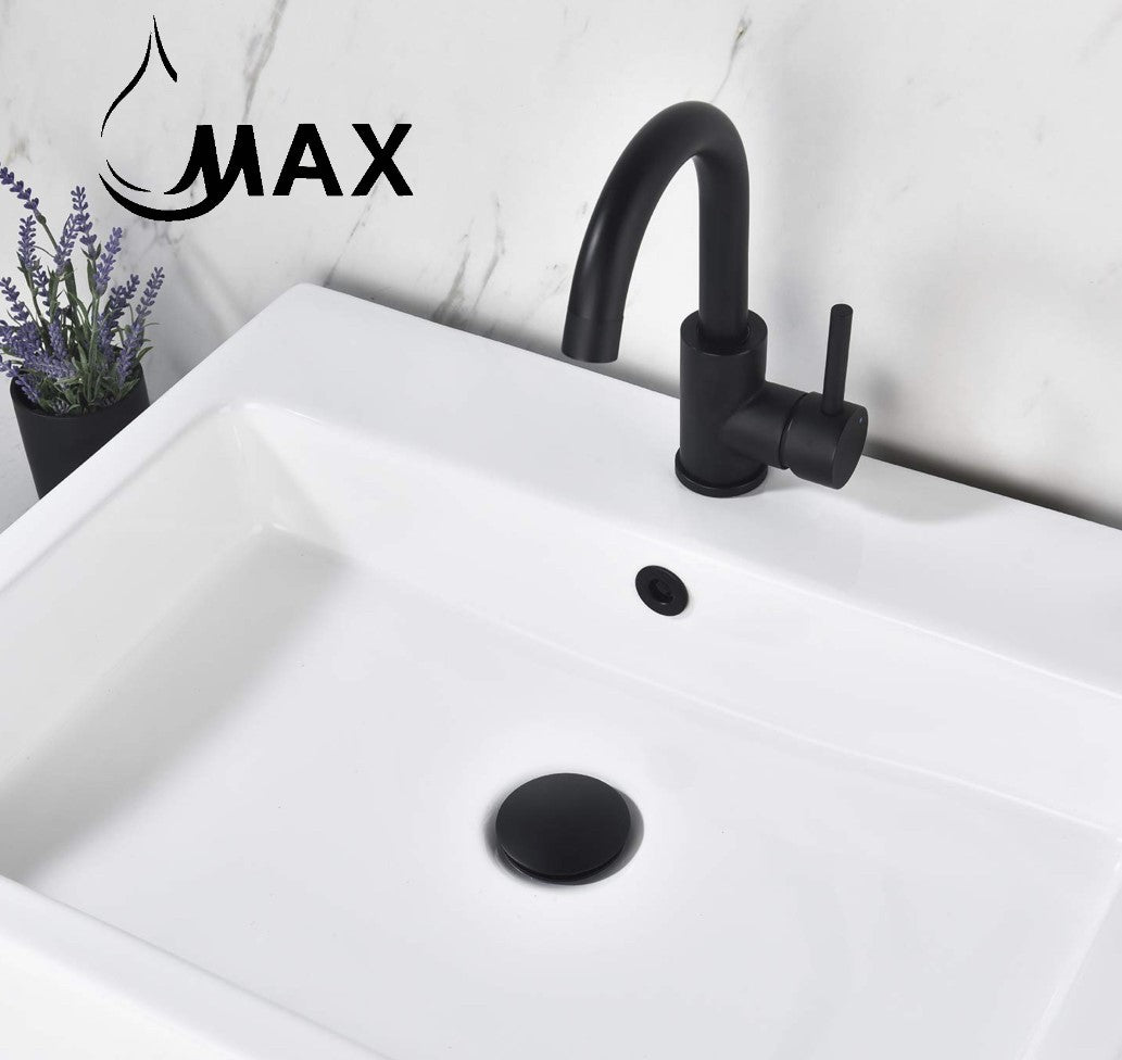 Premium MAX Faucets matte black bathroom faucet with high-arc swivel gooseneck spout.