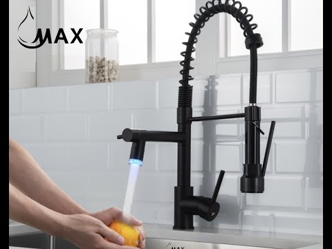 Flexible Pulldown Kitchen Faucet With Soap Dispenser And LED Light Pot Filler 19" Matte Black