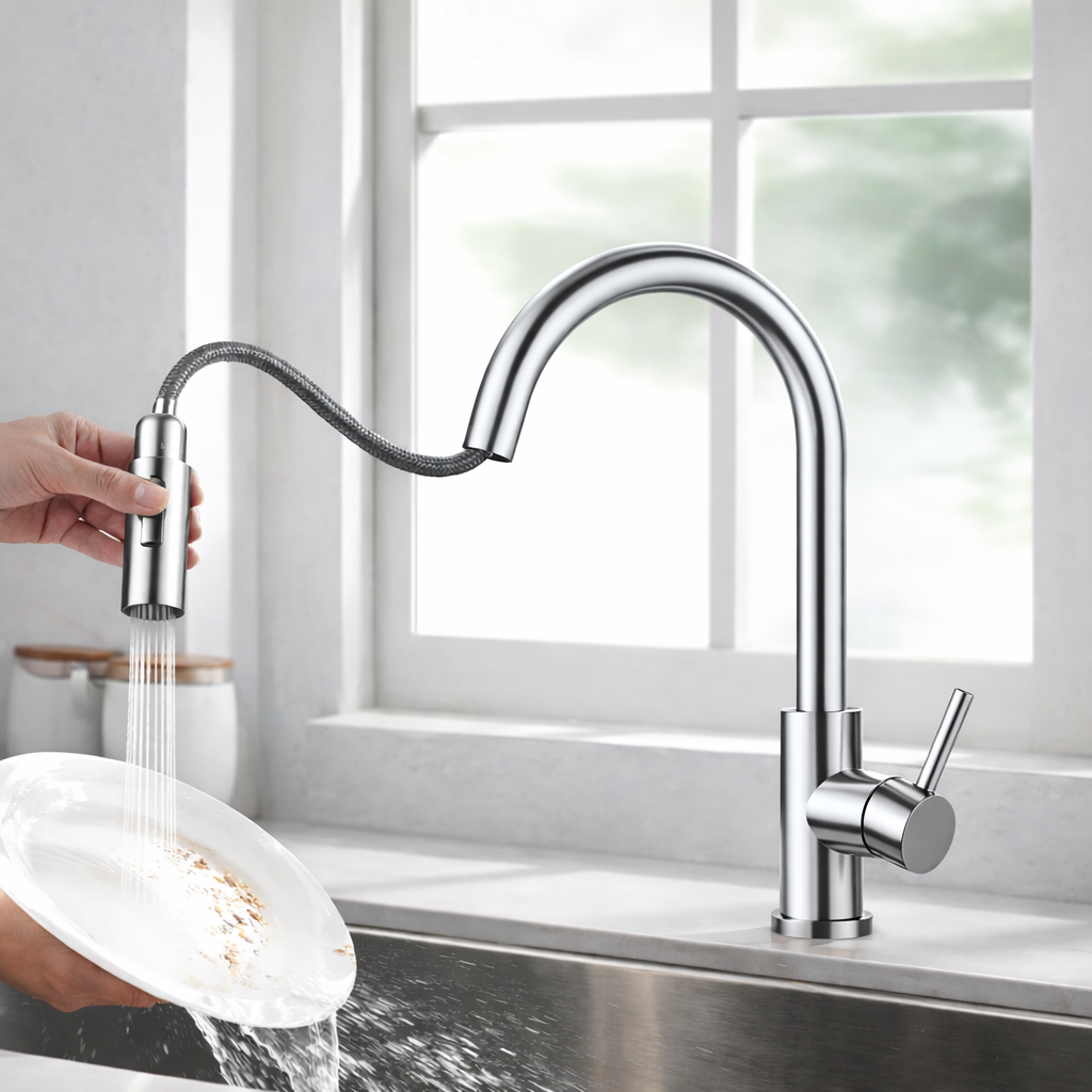 Pull-out kitchen faucet 16 inch high arc chrome finish
