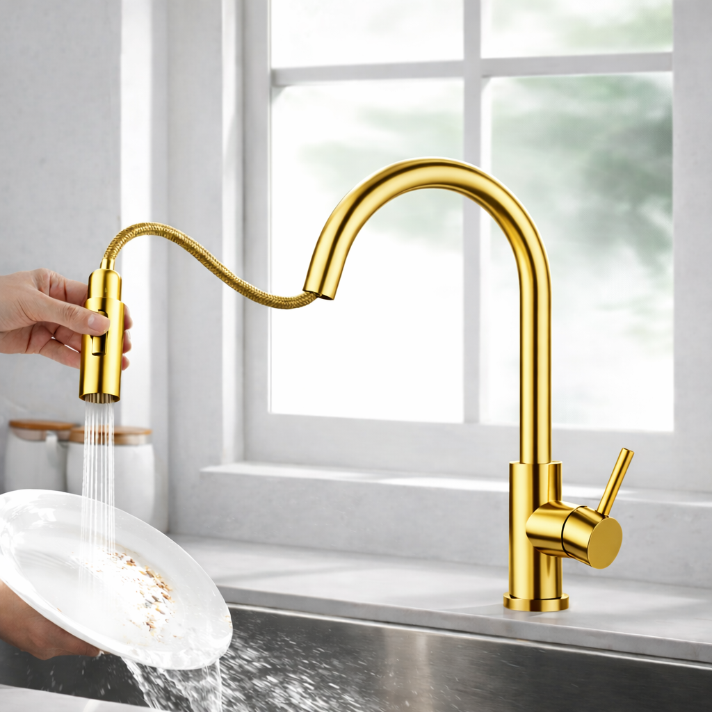 Pull-out kitchen faucet 16 inch high arc polished gold finish