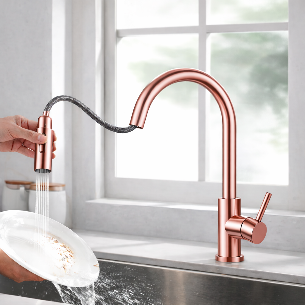 Pull-out kitchen faucet 16 inch high arc rose gold finish