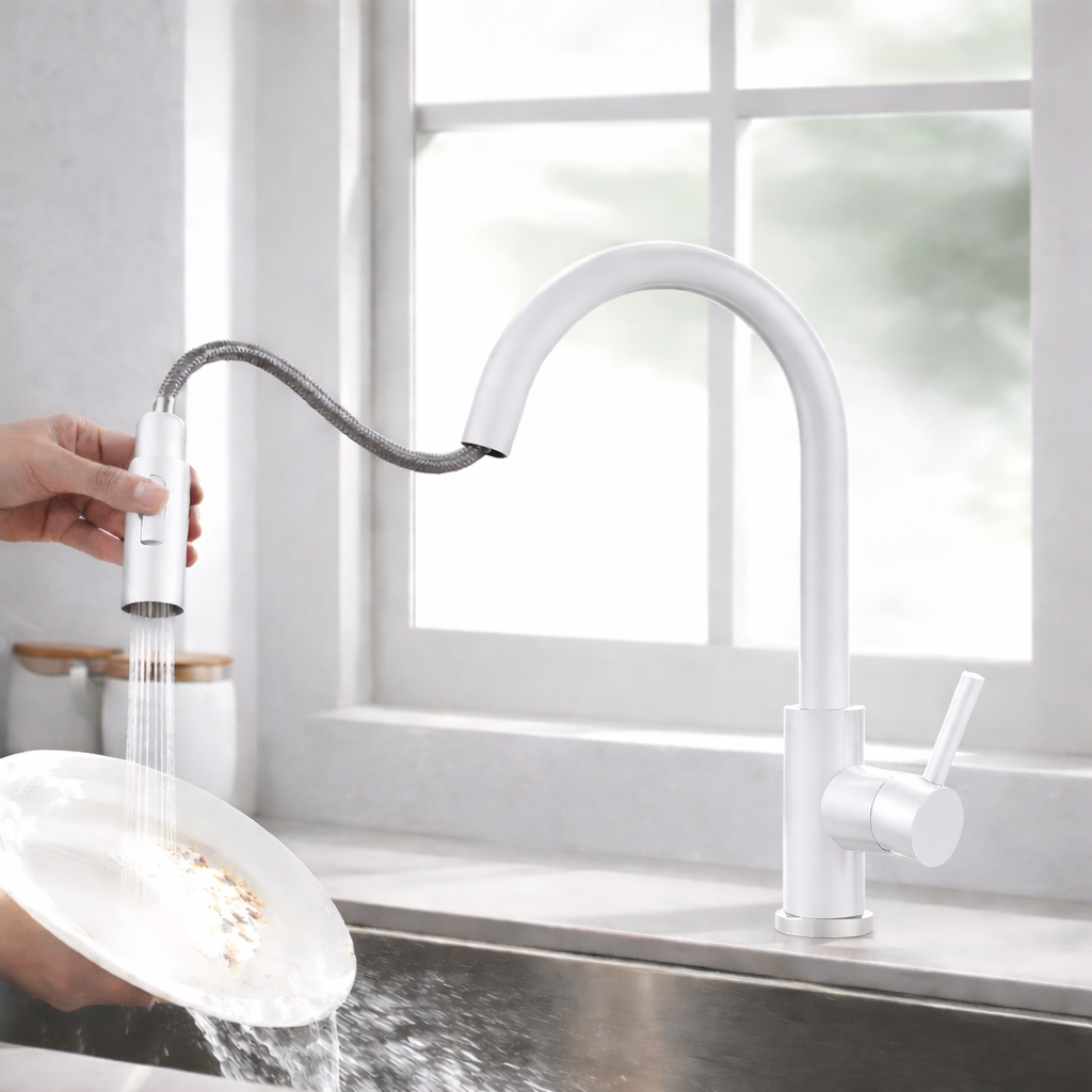 Pull-out kitchen faucet 16 inch high arc white finish