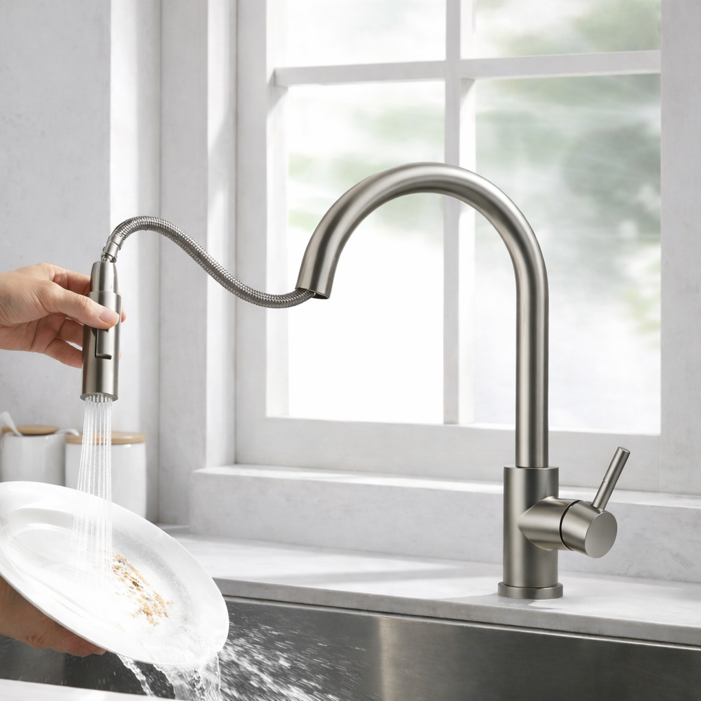 Pull-out kitchen faucet in brushed nickel finish with high-arc design by MAX Faucets installed over a stainless steel sink