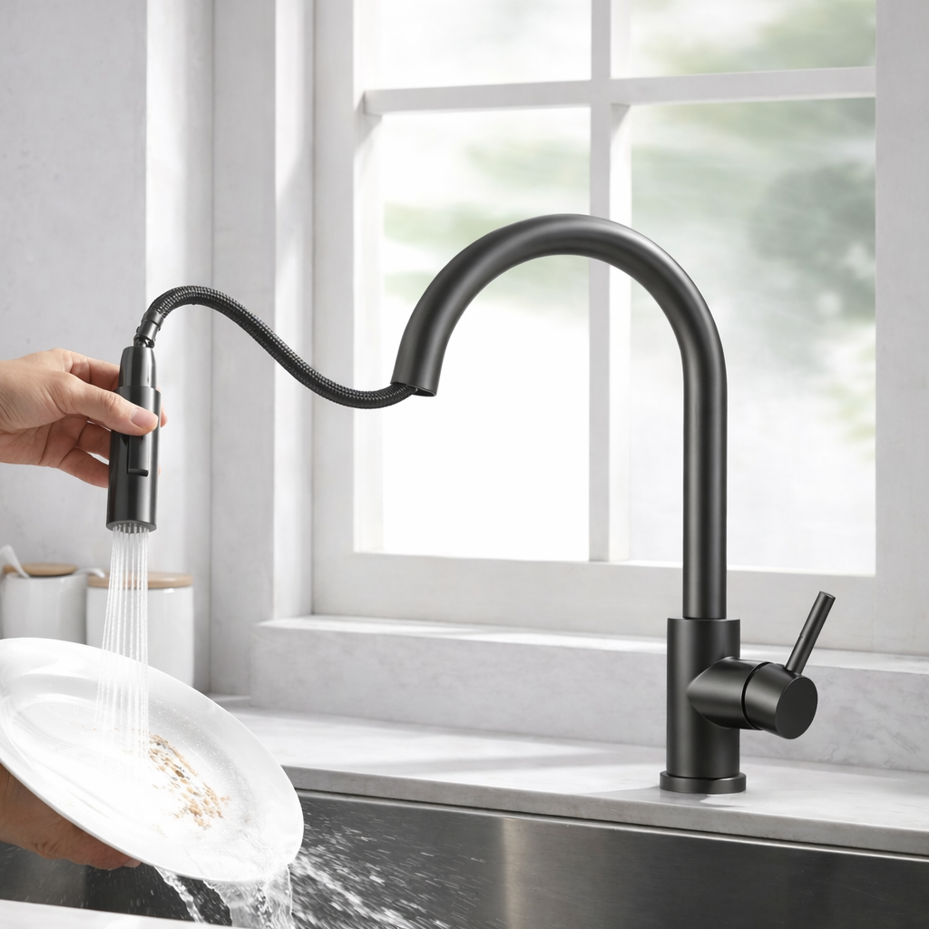 Pull-Out Kitchen Faucet – Single Handle, 16" High-Arc, Gun Grey Finish