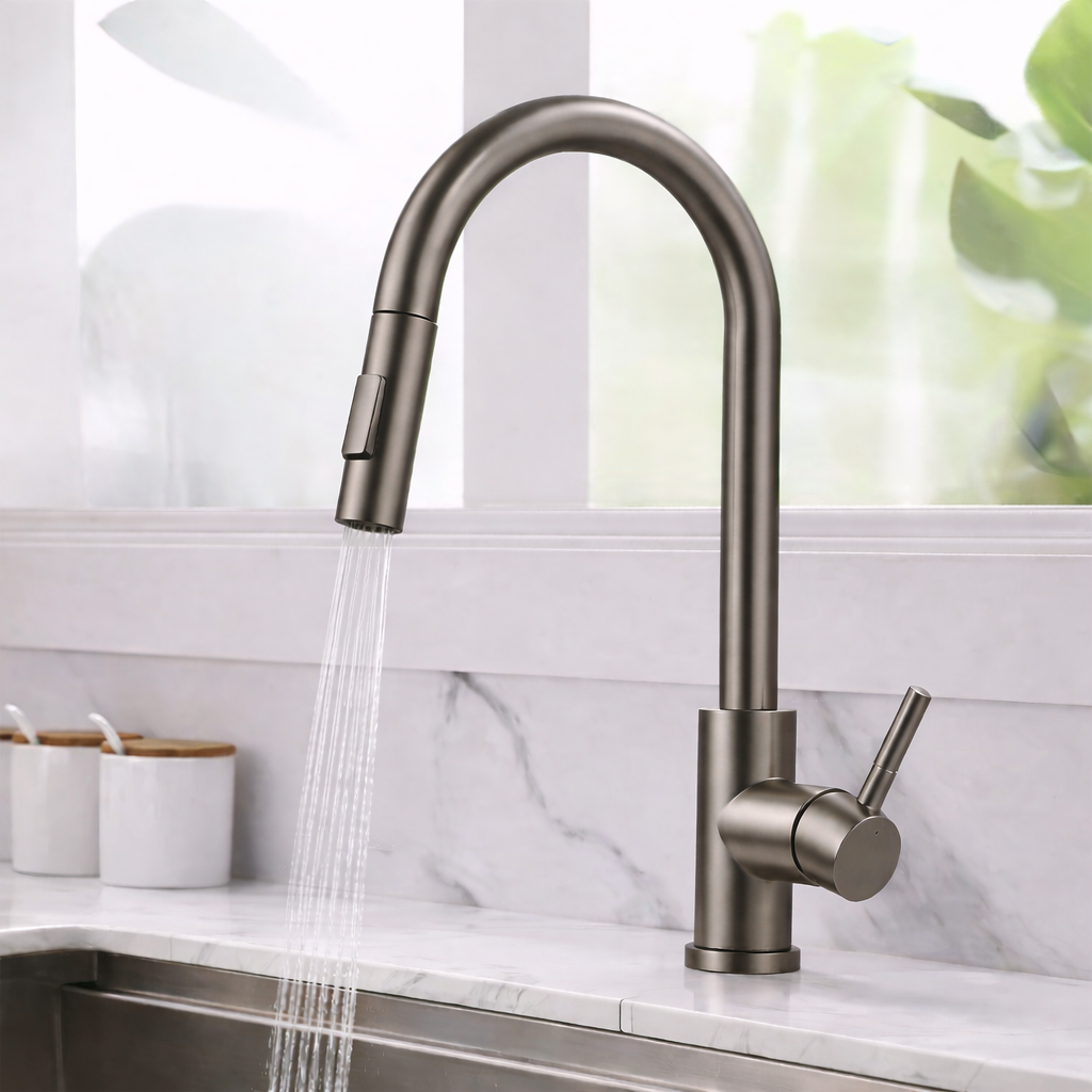 Pull-Out Kitchen Faucet – Single Handle, 16" High-Arc, Gun Grey Finish