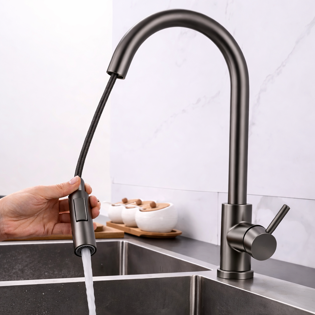 Pull-Out Kitchen Faucet – Single Handle, 16" High-Arc, Gun Grey Finish