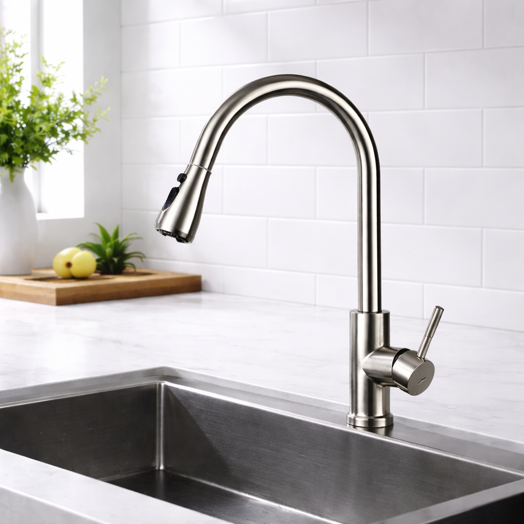 Pull-out kitchen faucet 16.5 inch brushed nickel installed in modern kitchen