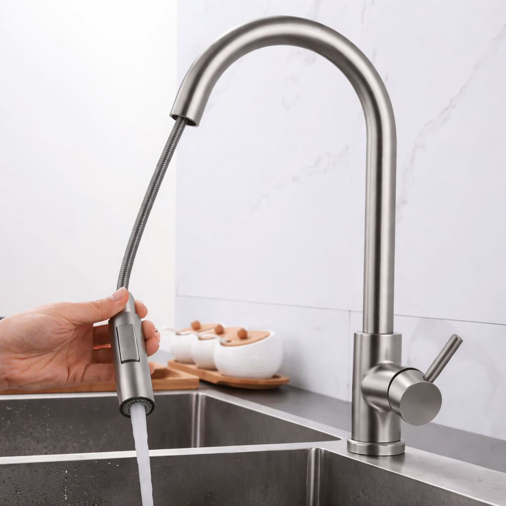 Side view of brushed nickel pull-out kitchen faucet with single handle design