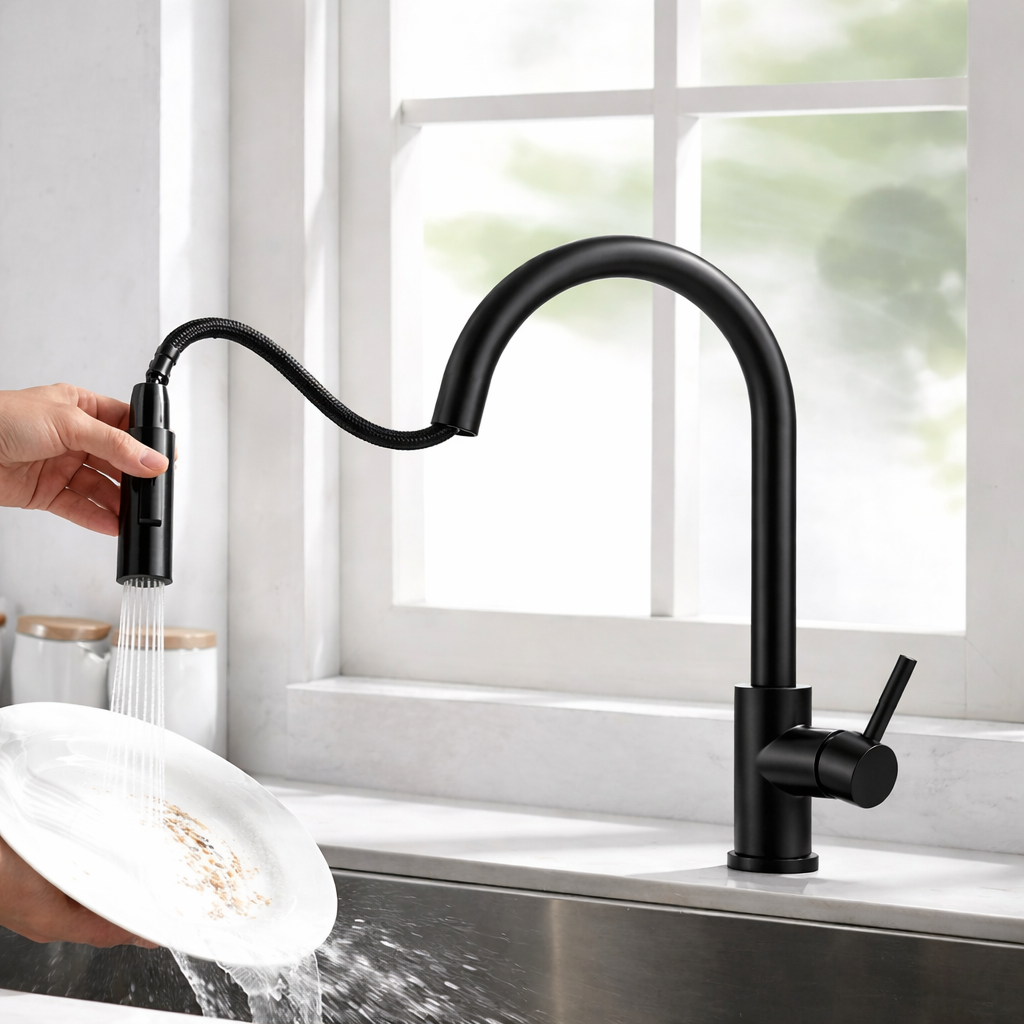 Pull-Out Kitchen Faucet – Single Handle, 16" High-Arc, Matte Black Finish