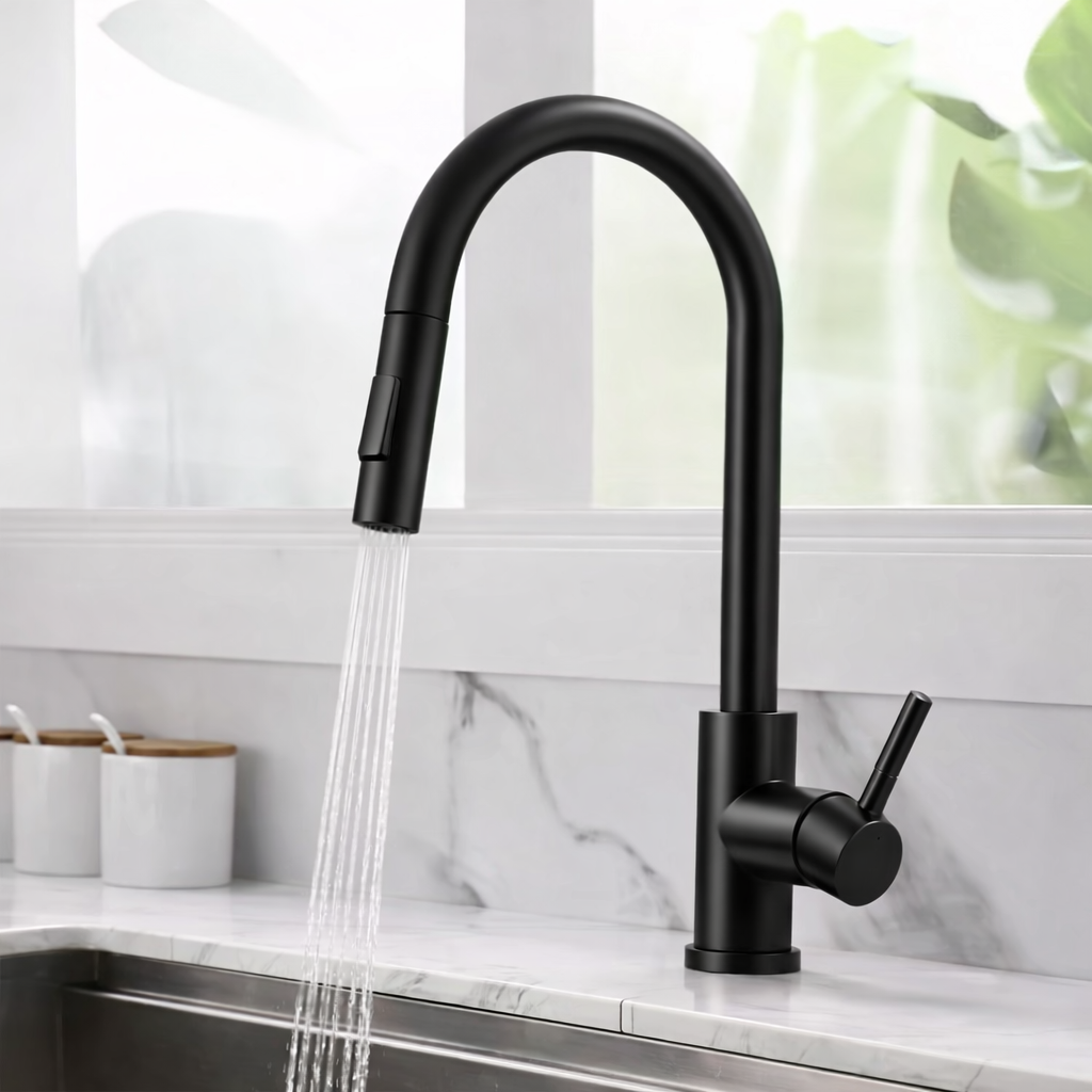 Pull-Out Kitchen Faucet – Single Handle, 16" High-Arc, Matte Black Finish