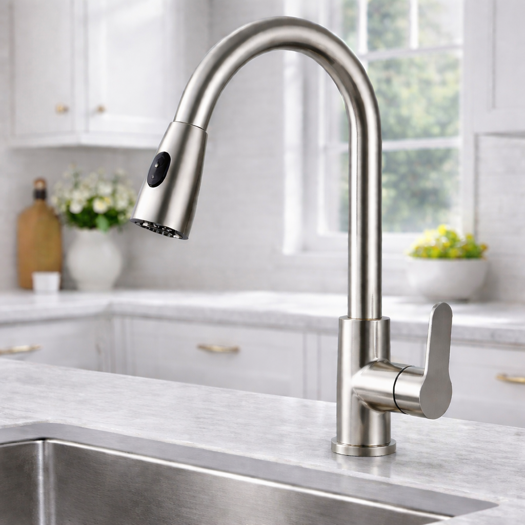 Pull-out kitchen faucet single handle 16 inch brushed nickel