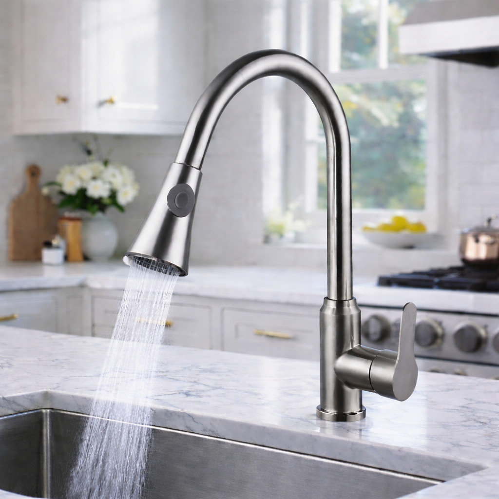 Single handle pull-out kitchen faucet in brushed nickel finish