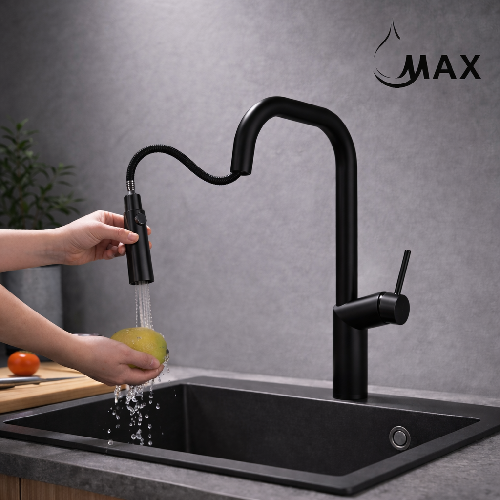 Matte black pull-out kitchen faucet with gooseneck design by MAX Faucets®