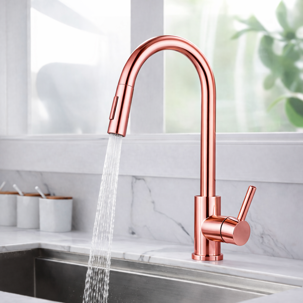 Pull-out kitchen faucet 16 inch high arc rose gold finish