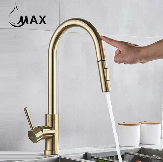 Smart Touch Kitchen Faucet Single Handle Pull-Out Brushed Gold Finish.