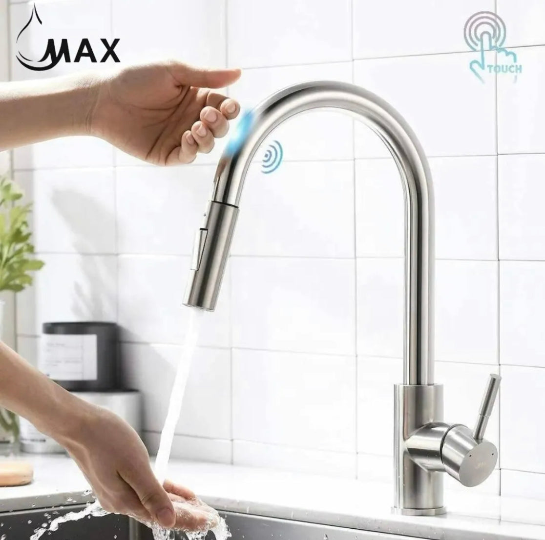 Smart Touch Kitchen Faucet 16" Single Handle Pull-Out – Brushed Nickel Finish | MAX Faucets