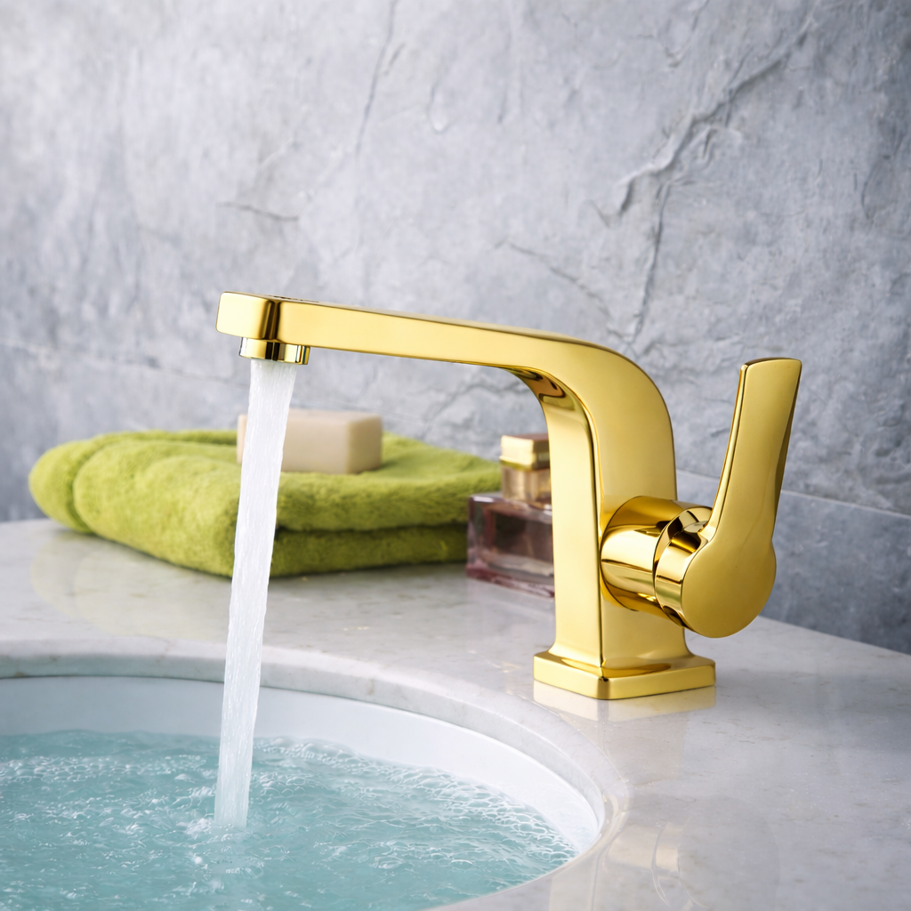MAX Faucets shiny gold bathroom faucet with modern side handle design