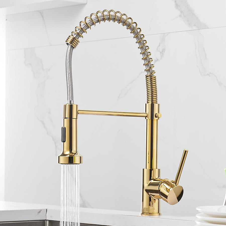 Pull-down kitchen faucet spray and stream modes in shiny gold