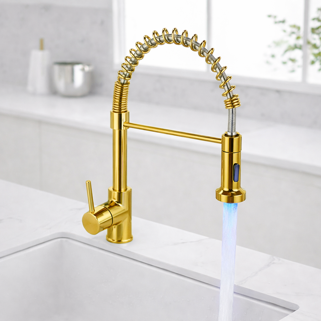 Shiny gold LED pull-down kitchen faucet with high arc spring spout
