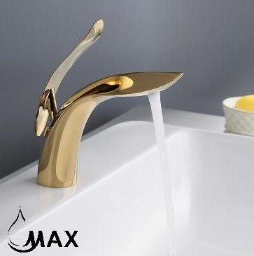 Single handle control detail of MAX Faucets shiny gold bathroom faucet