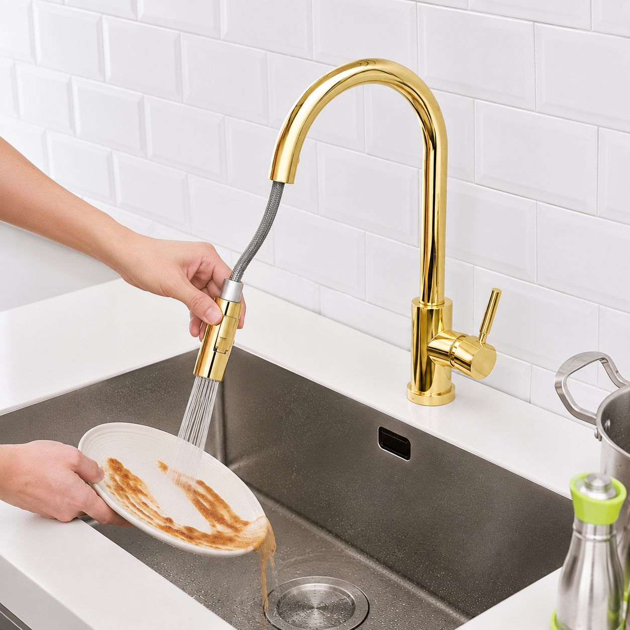 MAX Faucets Smart Touch kitchen faucet in polished shiny gold finish with pull-out sprayer