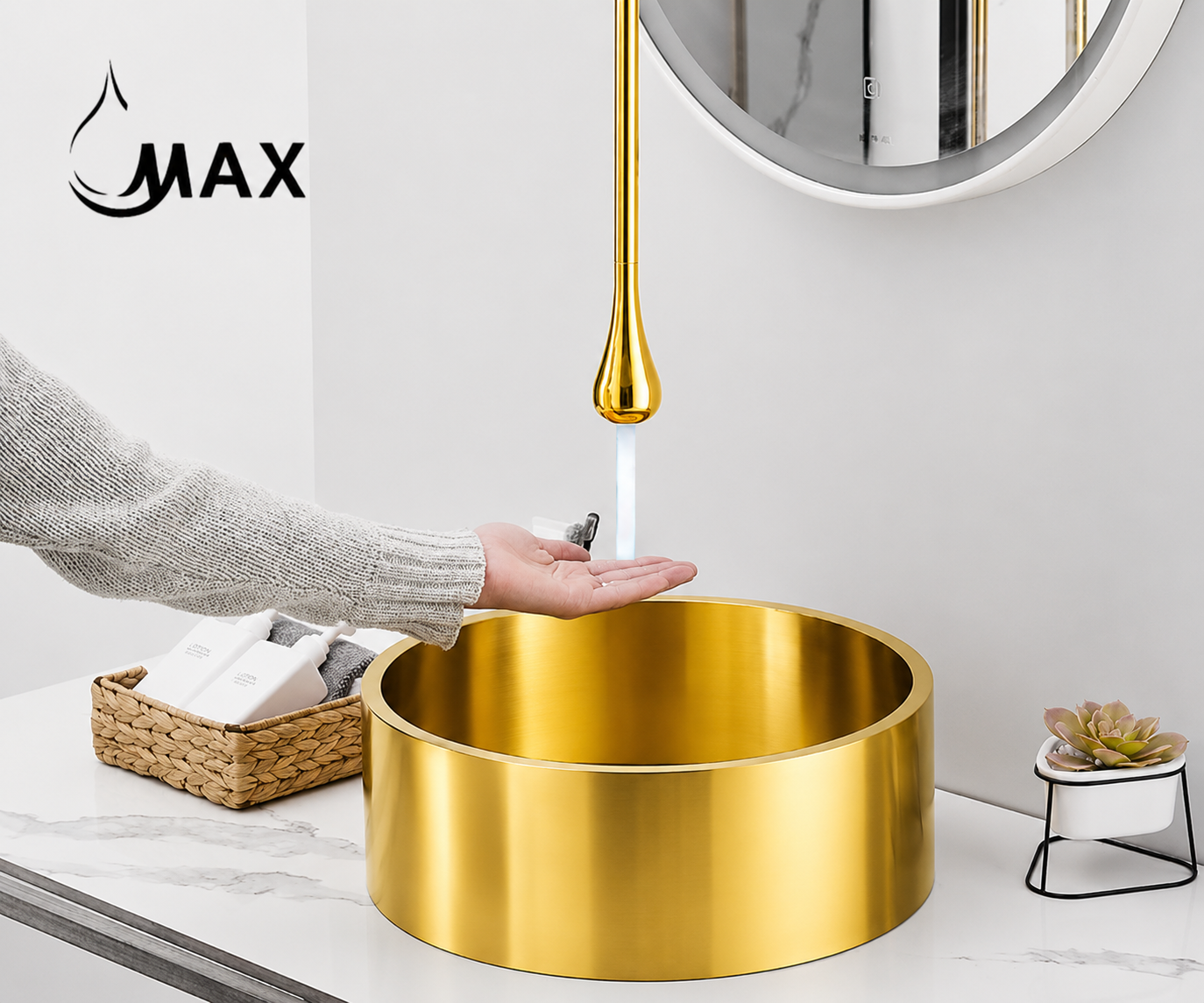 Shiny gold ceiling-mounted faucet dispensing water into bathroom sink