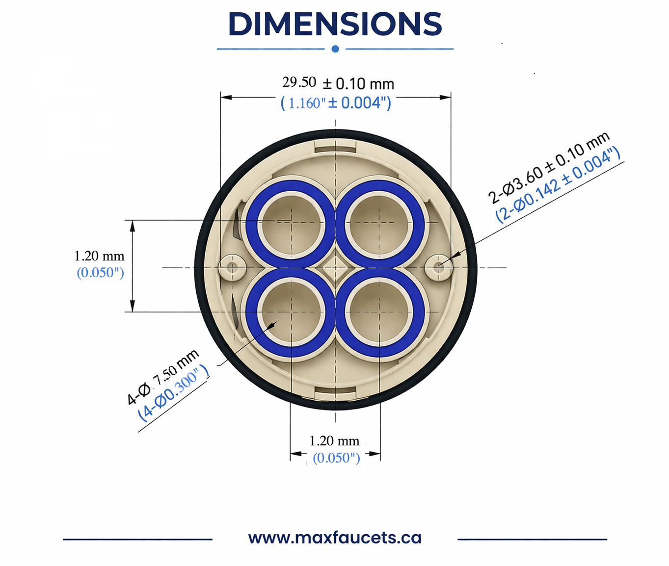 Back dimensions of 4 way shower diverter valve in mm and inches
