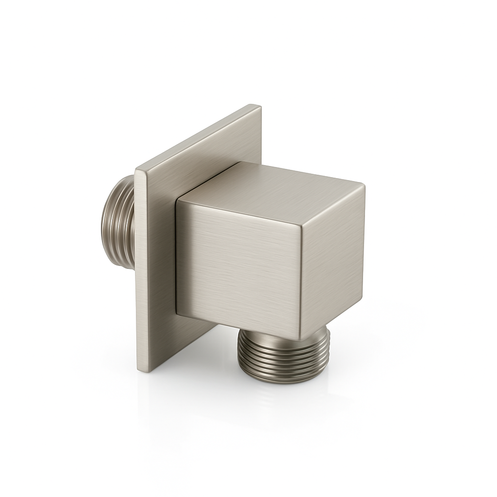 Brushed nickel shower outlet elbow side view wall mounted connection